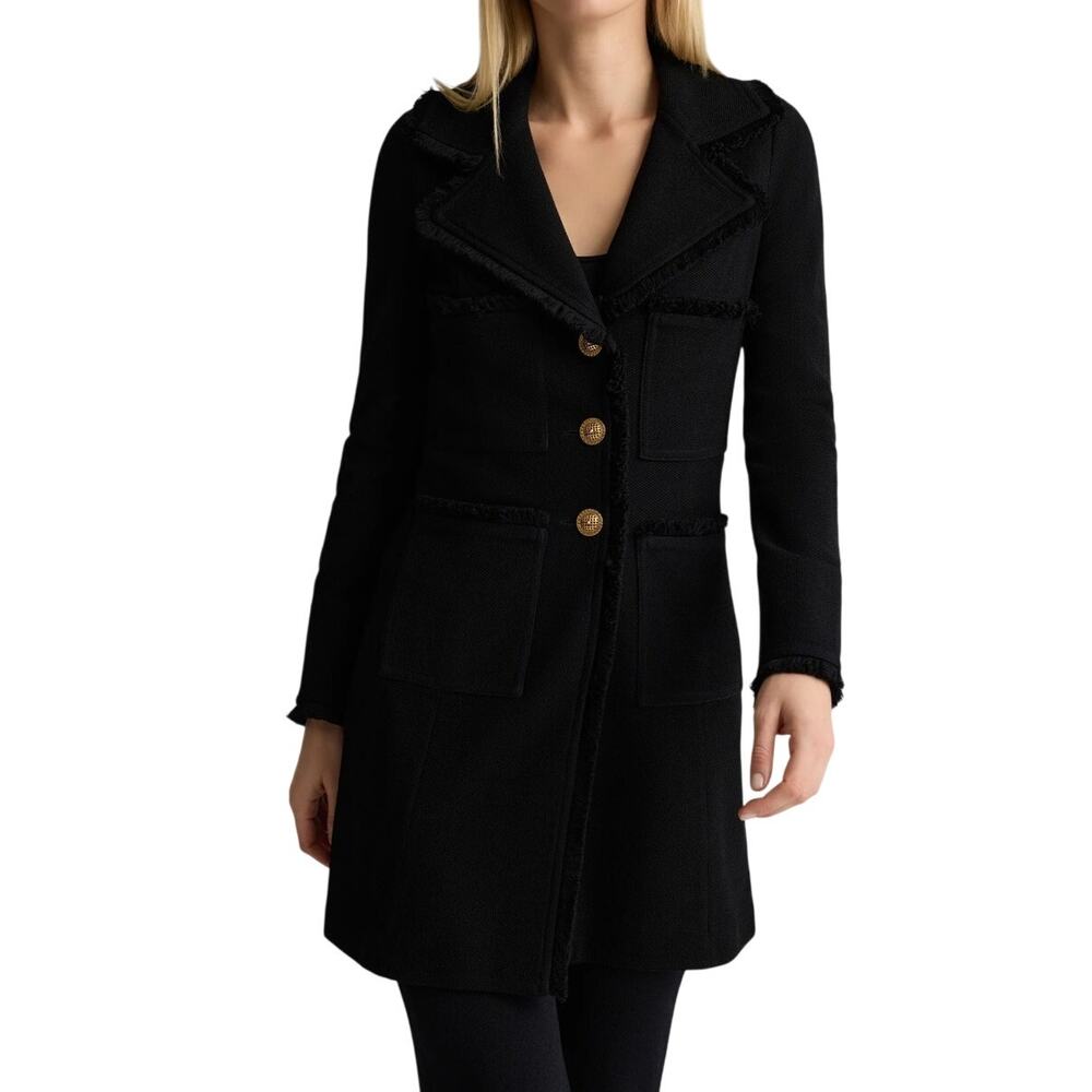 St. John (16) Milano Pique Fit & Flare Topper Coat Black/Gold Wool Quiet Luxury